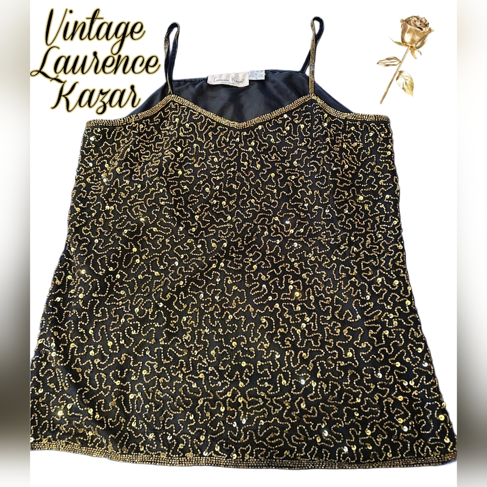 Vintage Laurence Kazar Black and Gold Beaded & Sequin Spaghetti Top Sz S